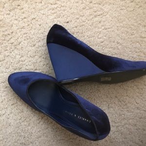 Royal blue velvet wedges
